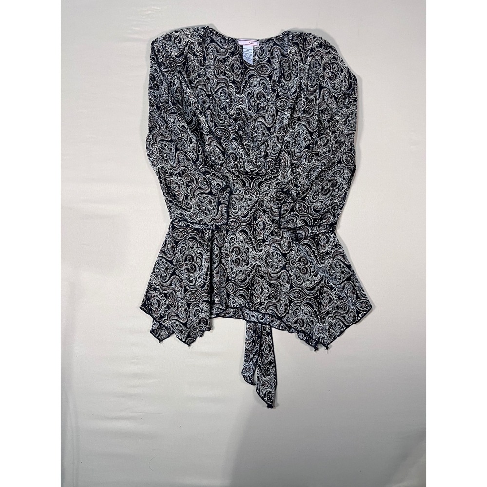 Vol.1 Womens Paisley Plisse Blouse Black Brown V-Neck Tie Back Hem XL